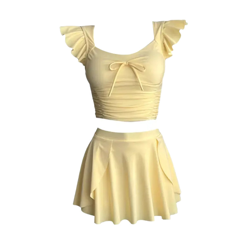 GraceChic 2025 Neuer hochwertiger gelber zweiteiliger Badeanzug im Rockstil für Damen – Bauchkontrolle, figurformend, für kleine Oberweite, konservativ, ideal für den Urlaub_voghion.com