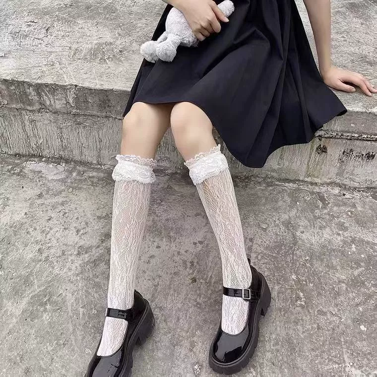 Белые кружевные носки в стиле Лолиты до середины икры JK, длинные кружевные чулки в японском стиле, волита с половиной ноги