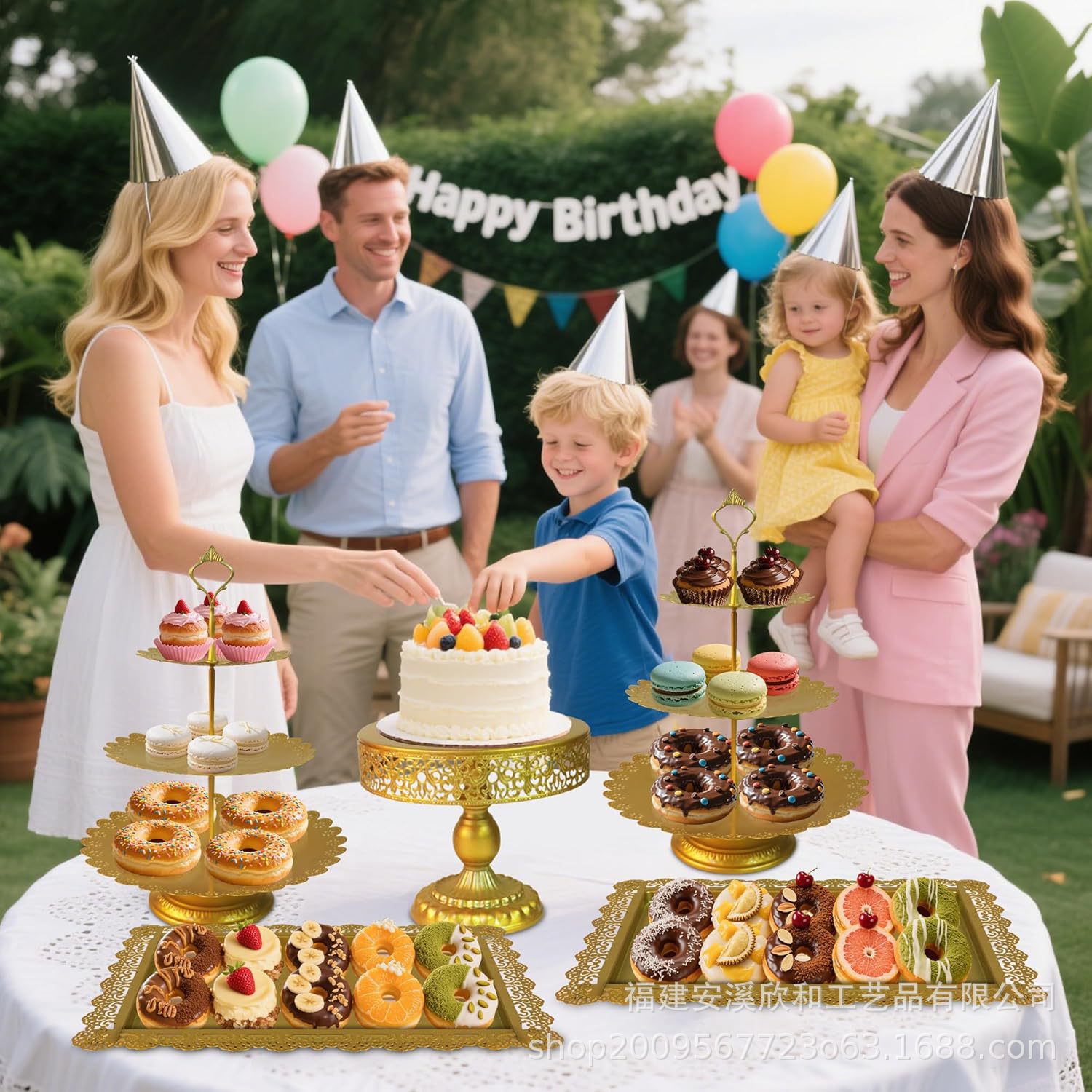 Mayorista hierro forjado estante de pastel de tres piezas set de postres postres altos pies dorados props de boda fiesta postres tabla de exhibición estante