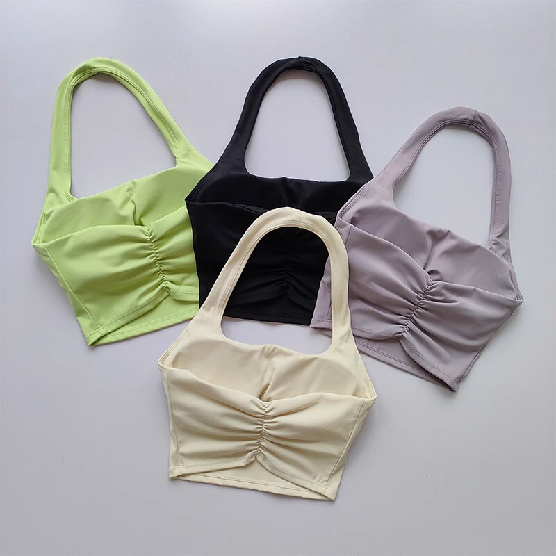 Summer New Sexy Hanging Neck with Chest Pad Beautiful Back Sports Underwear Women's Beautiful Back Naked Pleated Push-up Sports Bra