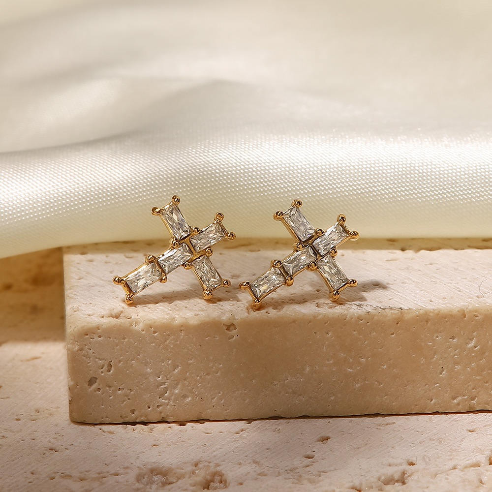 Fashion Cross Stainless Steel Ear Studs Plating Zircon Stainless Steel Earrings