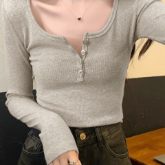 半开领辣妹修身t恤女打底衫春季秋装加绒美拉德螺纹纽扣长袖上衣
