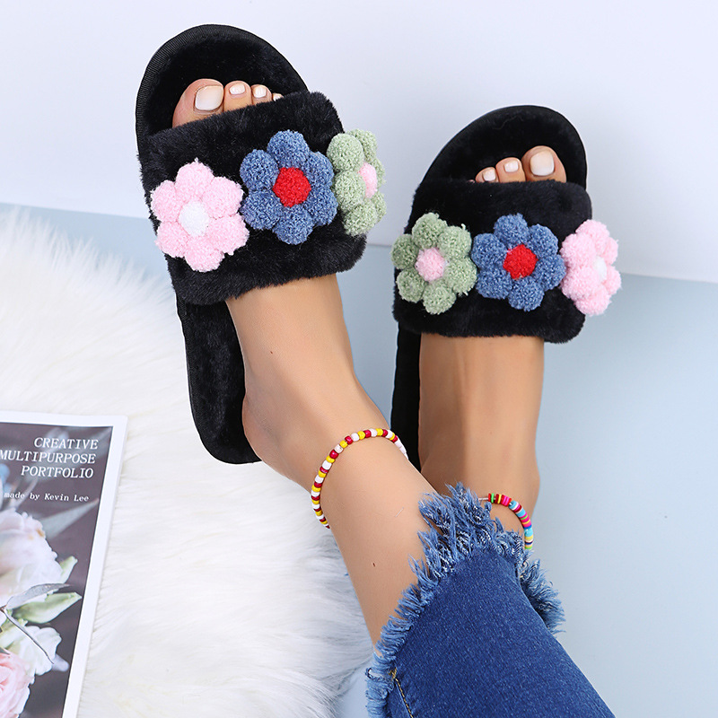 Flat-Bottomed Colorful Flowers Furry Slippers NSKJX104840