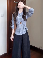 法式小资小上衣女早秋季高级感chic别致气质长袖蓝色格子衬衫衬衣