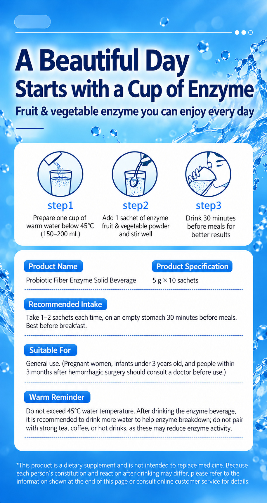 Probiotic Fiber Enzyme Powder — Fruit & Vegetable Ferment Drink Mix, 5 x 10g Sachets in use