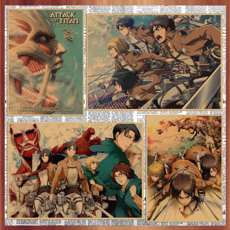 Free Shipping Japanese Anime Poster Attack Giant Retro Kraft Paper Bar Cafe Decorative Wall Painting Mural