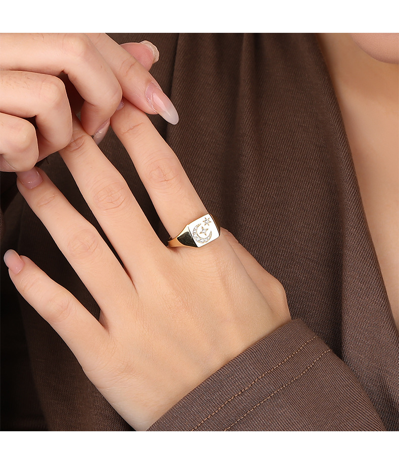S925 sterling silver broken zirconium star and moon thick ring female