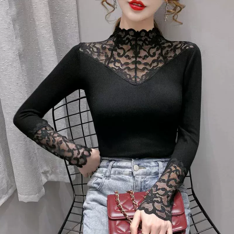 2024春季新款蕾丝衫女半高领内搭上衣修身百搭镂空长袖螺纹打底衫