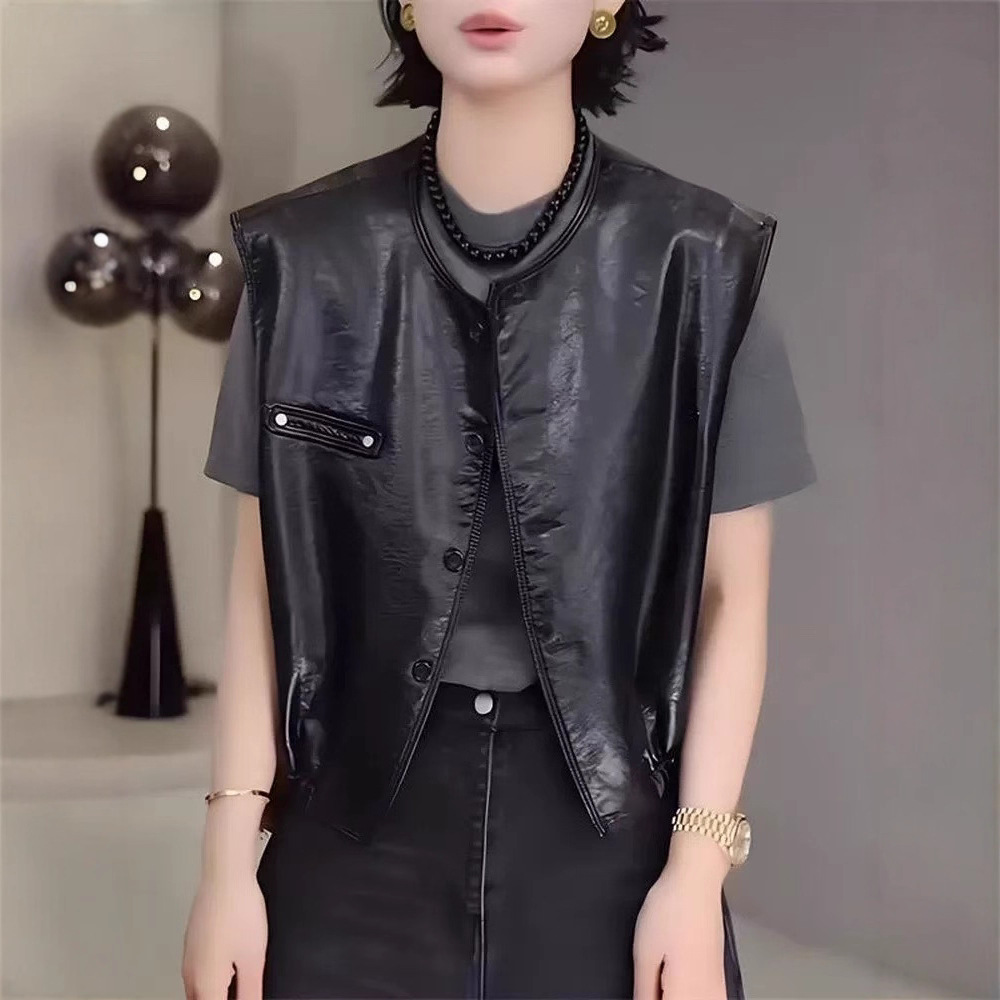 Simple and Elegant Motorcycle Vest for Women in Summer, Loose and Casual Sleeveless Layered Tops, Early Autumn Leather Jackets