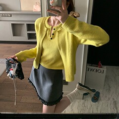 慵懒层次感短款假两件针织衫女2025早秋软糯短款毛衣外套套头上衣
