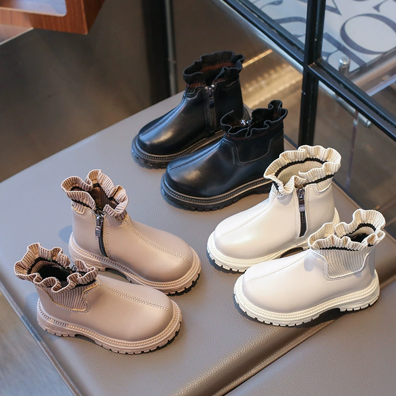 Девушка Мартин сапоги 2024 осень новая обувь принцесса трикотажные короткие сапоги маленькая девочка мода деревянные сапоги