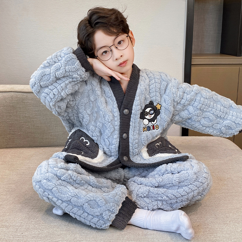 Children's New Winter Pajamas Coral Velvet Boys' Flannel Thick Warm Home Clothes