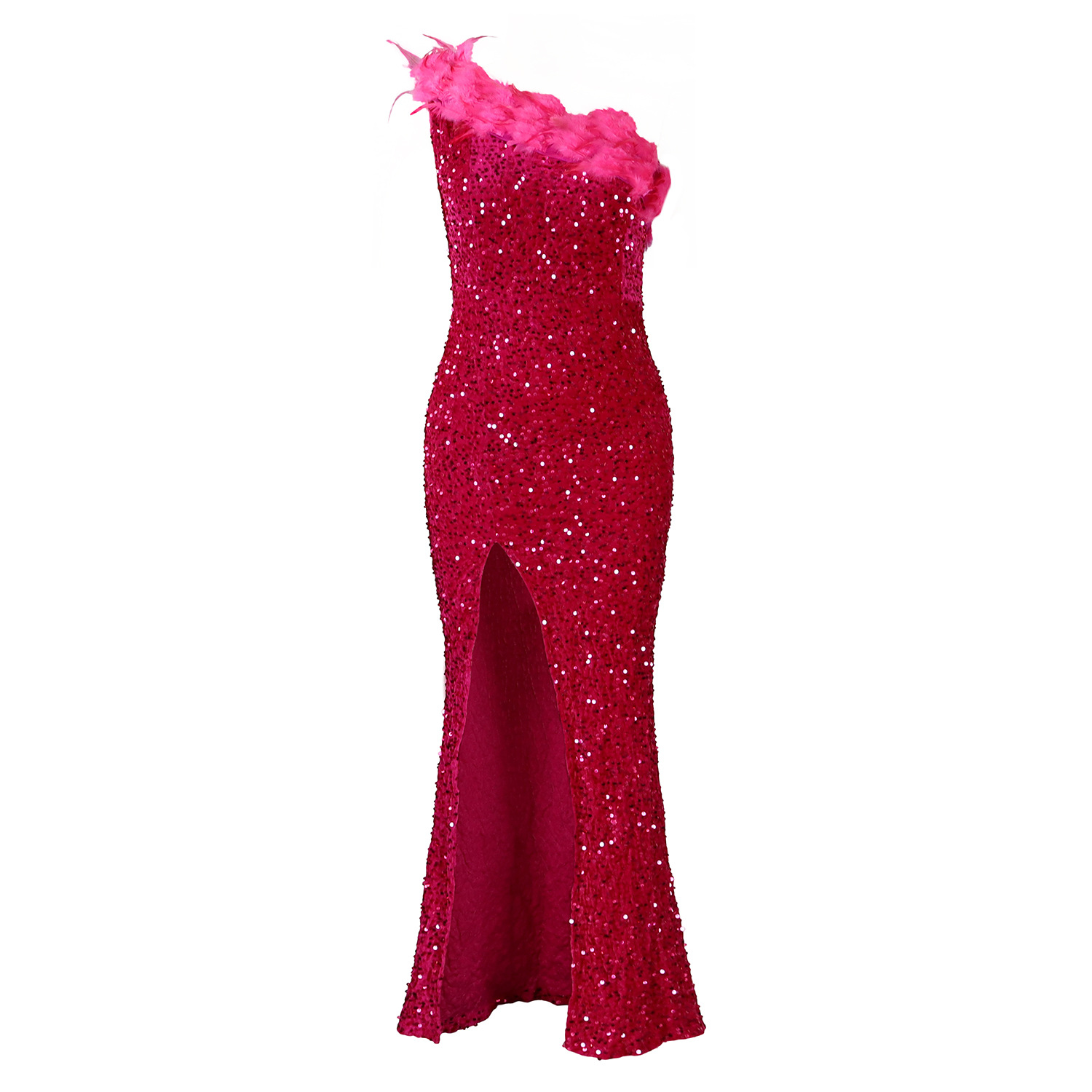 Women's Clothing women's summer sexy fashion feather oblique collar banquet dress skirt sequin slit long skirt_voghion.com
