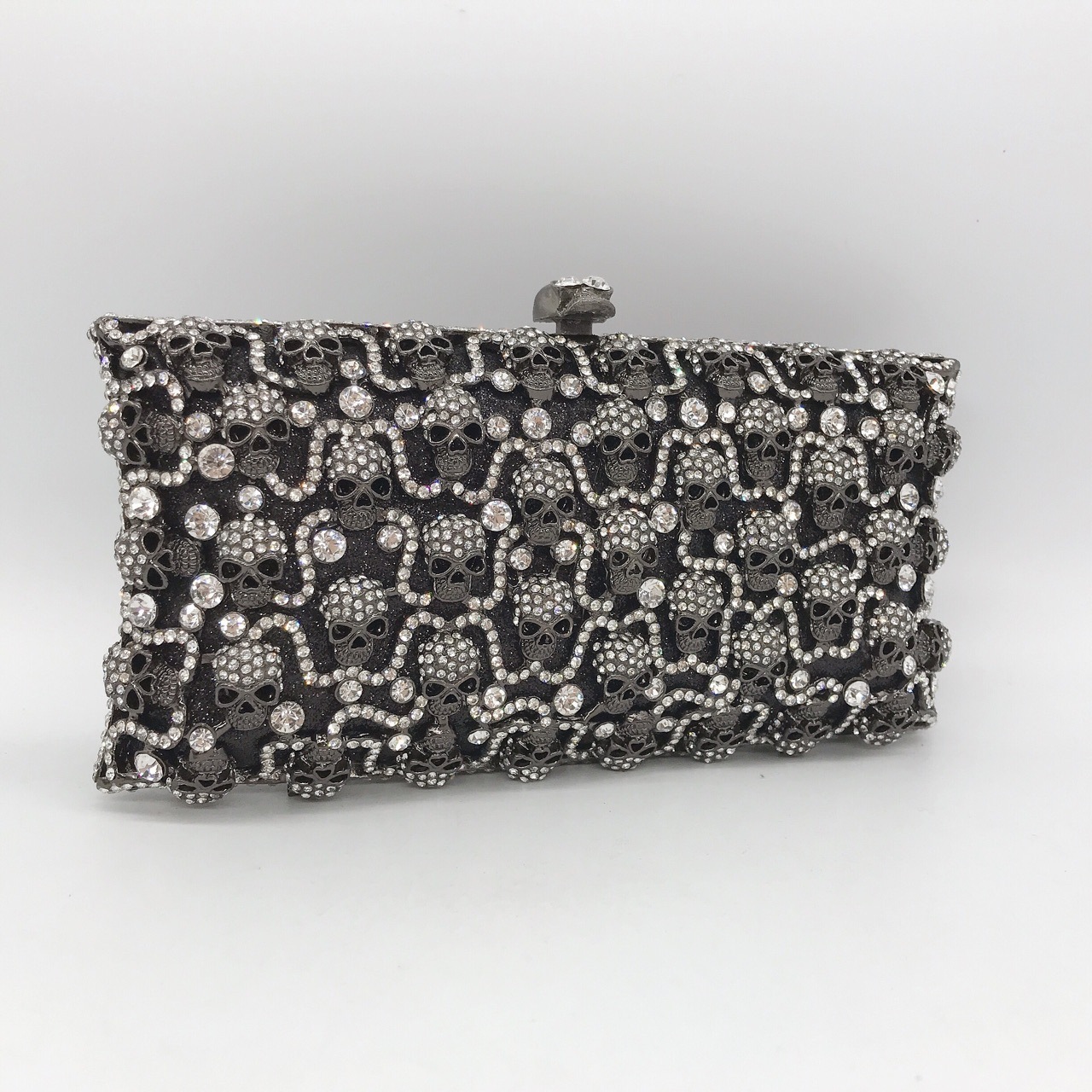Bolsos de banquete de cráneo con diamantes horizontales, bolsas de mano de diamantes negras completas, bolsas de banquete transfronterizas de mujeres, bolsas de caja dura