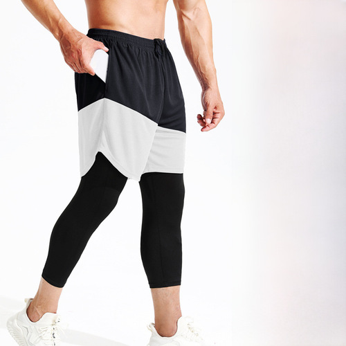 Seasonal Men's Sports Basketball Pants Tight Seven-Eighth Pants Two-Piece Running Pants Two-in-One Shorts Quick-Dry Five-Eighth Pants