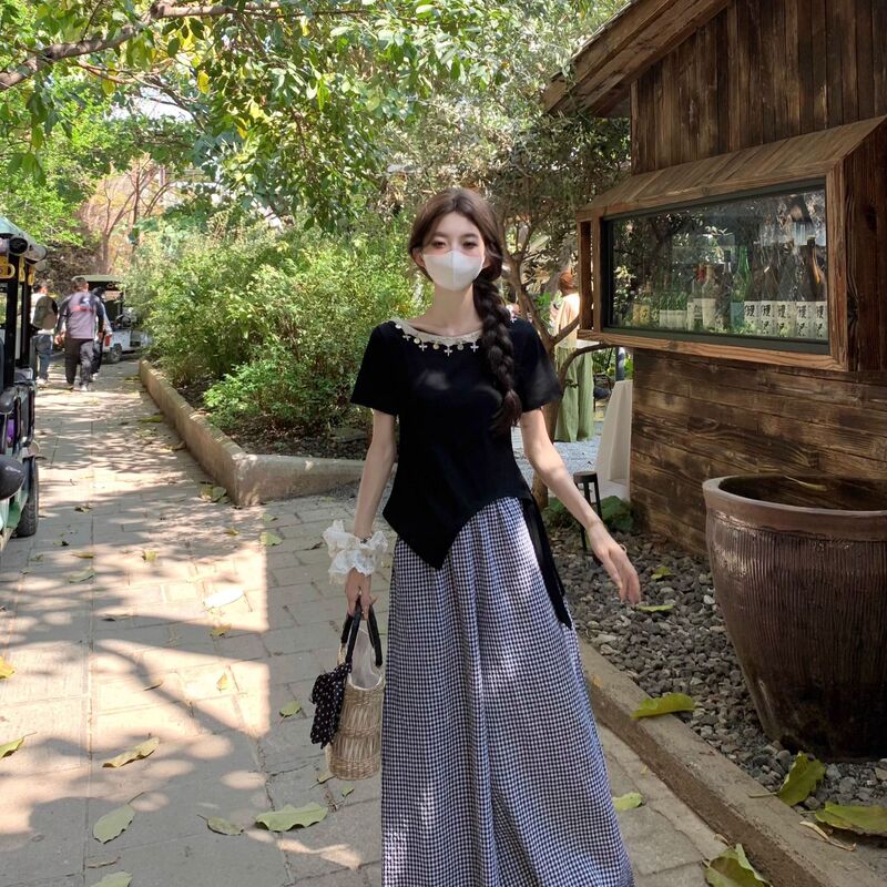 Ethnic Style Irregular Short-Sleeved T-Shirt Suit for Women Summer New Style Plaid Wide-Leg Pants Plus Size Plus Size Two-Piece Set Ins Ethnic Style Irregular Short-Sleeved T-Shirt Suit for Women Summer New Style Plaid Wide-Leg Pants Plus Size Plus Size Two-Piece Set Ins