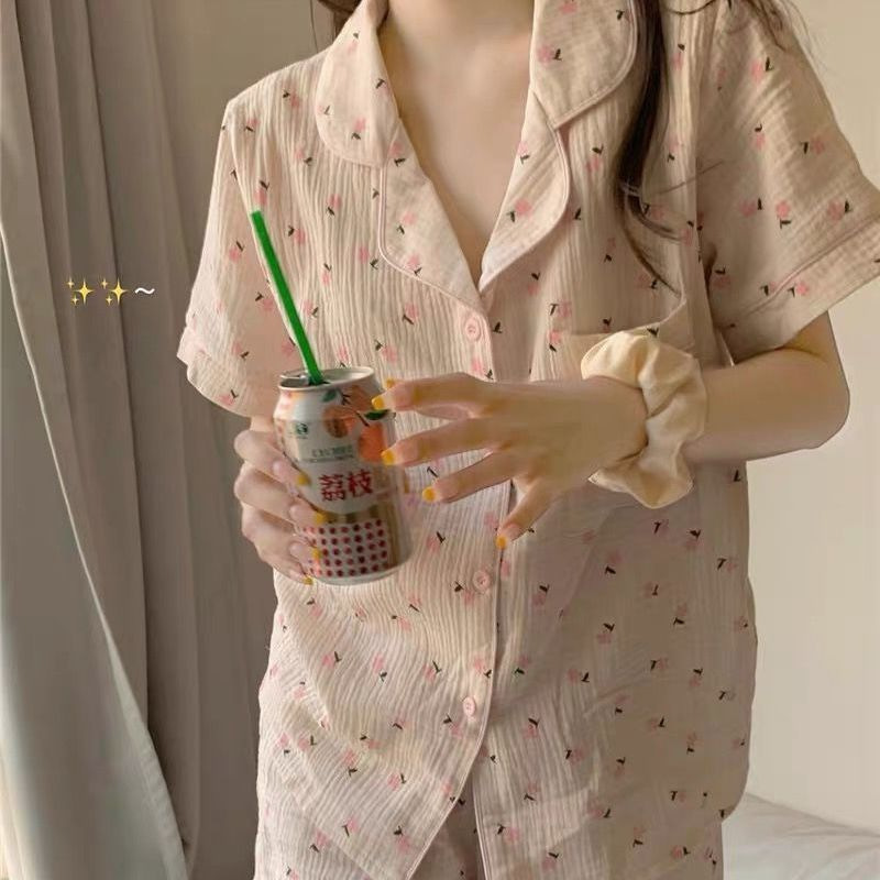 Small floral Korean style bubble wrinkle pajamas for women 2023 Internet celebrity cute sexy sweet home wear live broadcast one-piece delivery