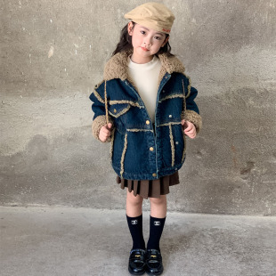 Girls' fleece-lined Thickened Denim Jacket 2023 Winter New Children's Thickened Warm Buckle Design Jacket