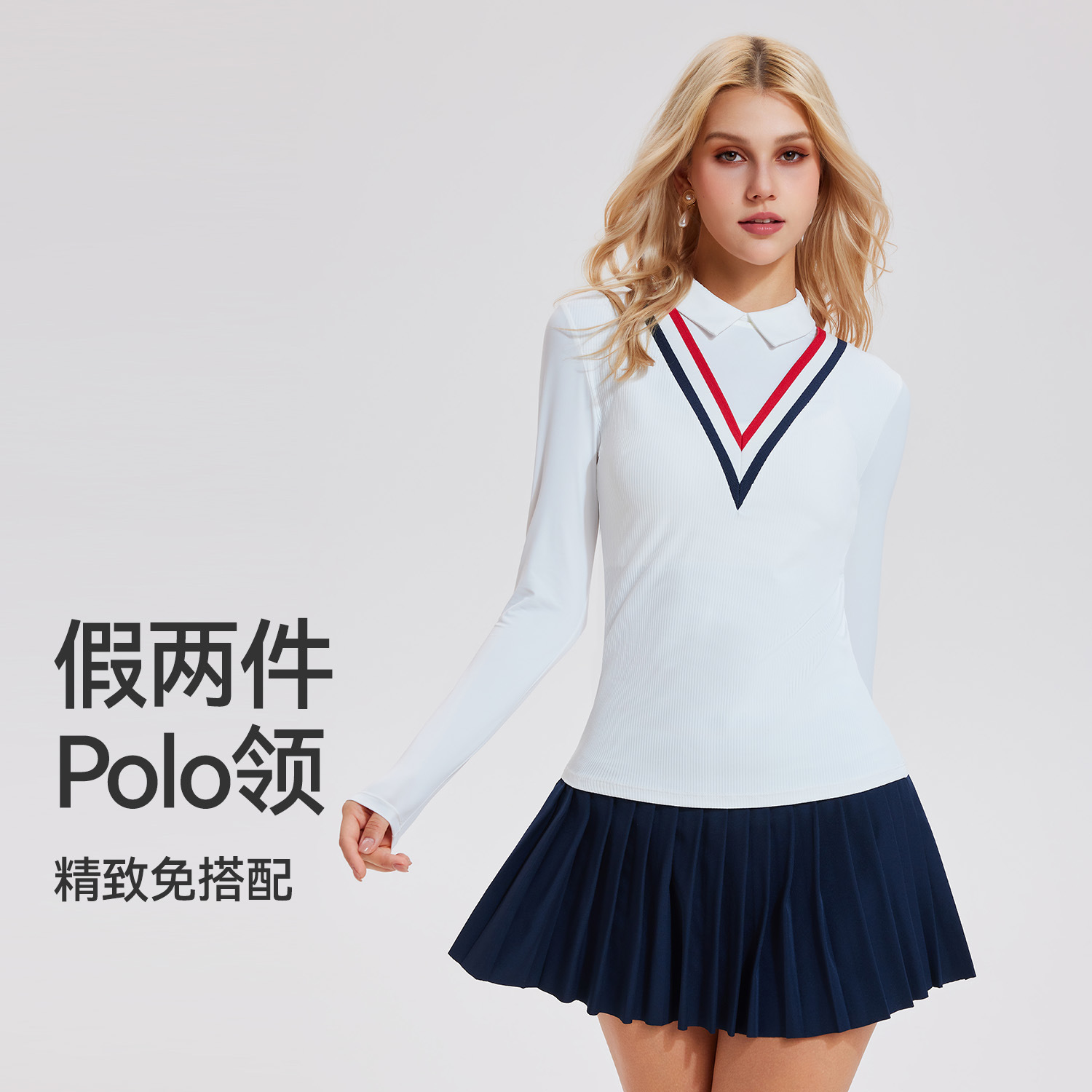 Trajes deportivos de tenis con solapa, mangas largas, falda corta, ejercicio, yoga, golf, tenis de dos piezas.