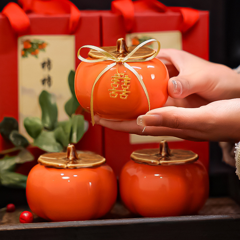 结婚创意柿子喜糖盒 家有喜柿满月伴手礼盒 陶瓷柿子茶叶密封罐