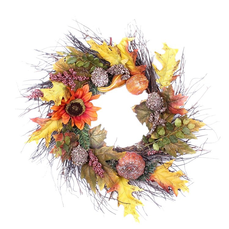 Venta directa de fábrica, corona de ratán con hojas de arce de otoño, festival de la cosecha de calabazas, corona del festival de la cosecha de otoño, decoraciones colgantes para puertas y ventanas