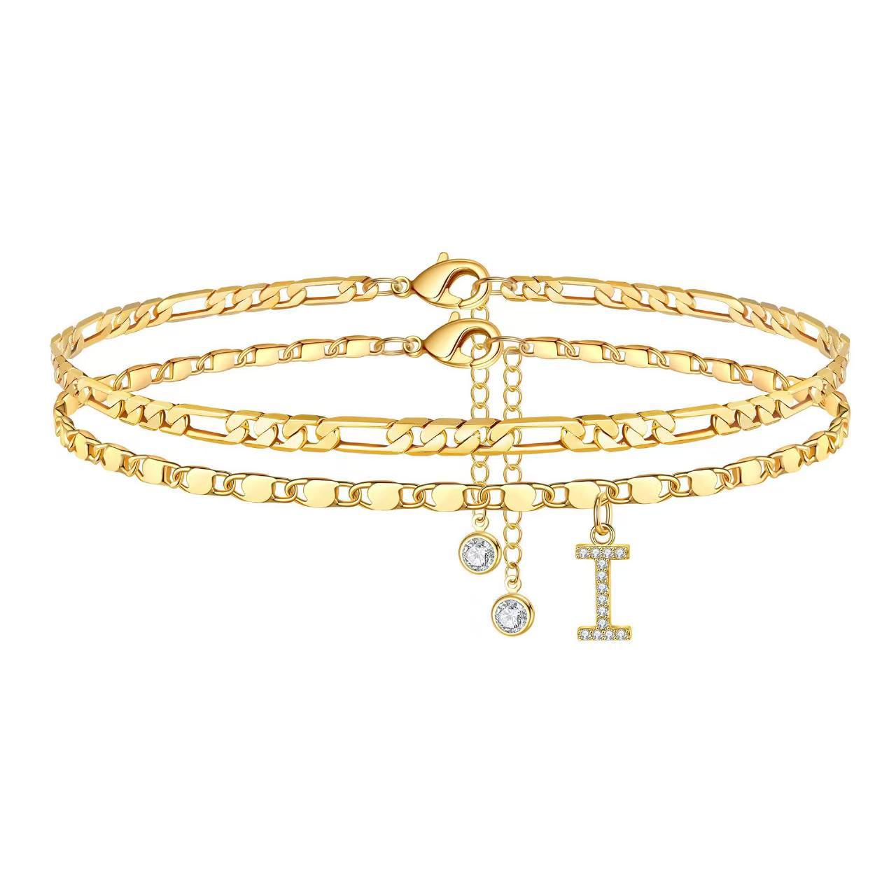 14K Gold Plated Layered Figaro Chain Anklet Set with CZ Initials for Women Fashionable Summer Gift Classic Hip-Hop Style Metal Jewelry_voghion.com