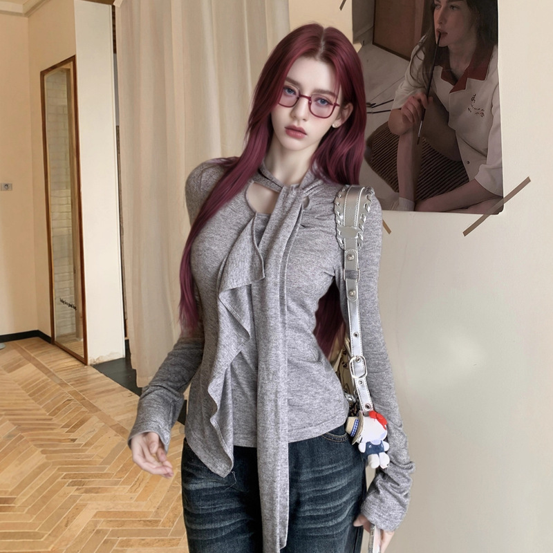 跨境外贸小众荷叶边飘带纯欲长袖t恤上衣女春秋季打底衫修身辣妹|undefined