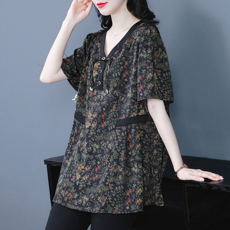 Summer cool chiffon floral print slimming loose plus size designer short-sleeved stylish mother's fashion middle-aged women's clothing