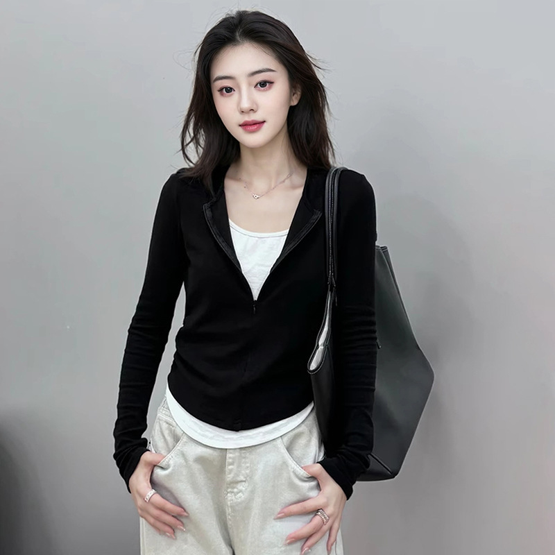 春秋新款拉链款假两件衬衫显瘦气质长袖设计感t恤女士打底衫上衣|undefined