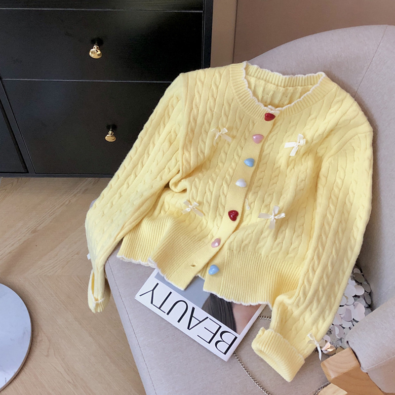 Spring and Autumn New Korean Style Soft Waxy Top Trendy Sweet Twist Love Button Jacket Bow Short Knitted Cardigan for Women