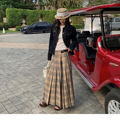 易梦玲同款百褶格子半身裙春季新款低腰字长裙子女
