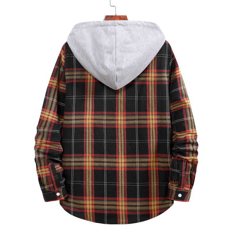 Camicia a maniche lunghe casual alla moda di grandi dimensioni con cappuccio scozzese allentato da uomo 2024_voghion.com