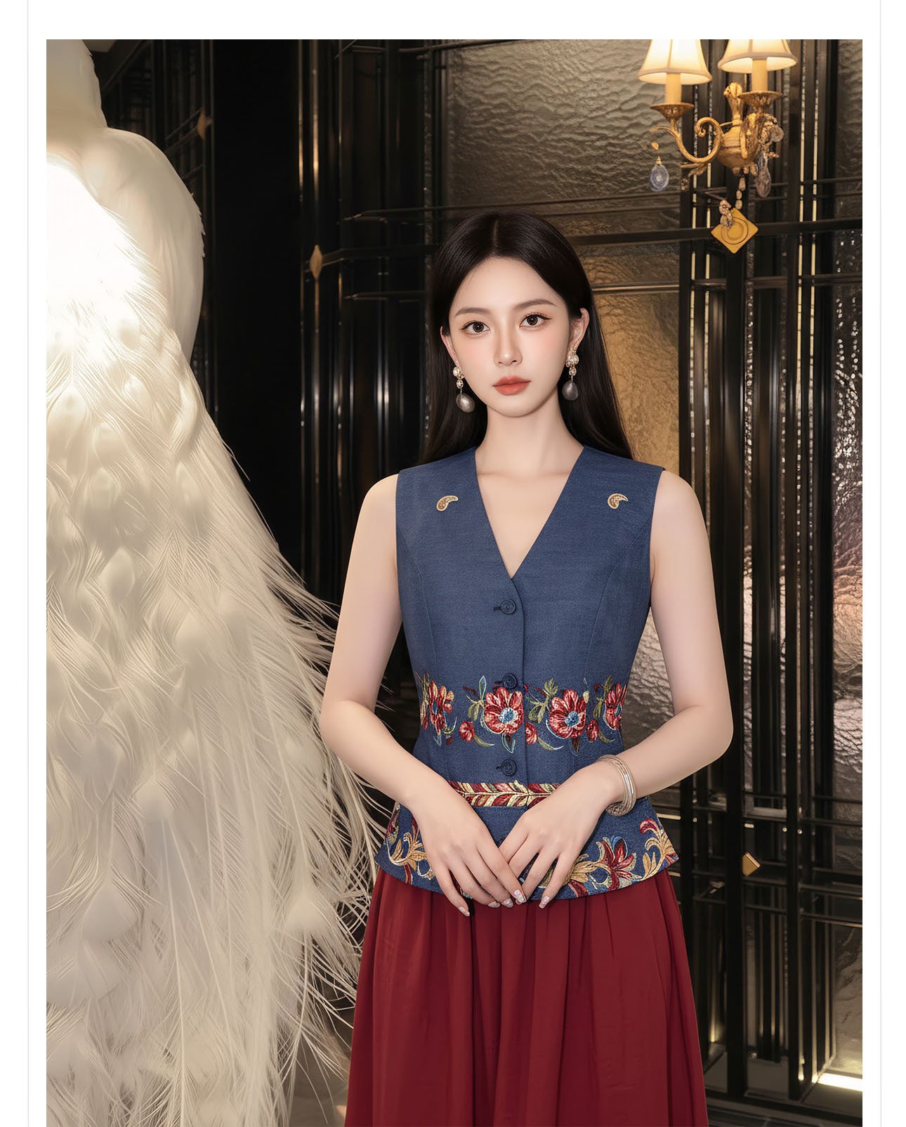 Bộ áo gile không tay và chân váy đỏ thêu hoa tân cổ điển — bộ đồ, nửa váy, Trang chủ chi tiết 2