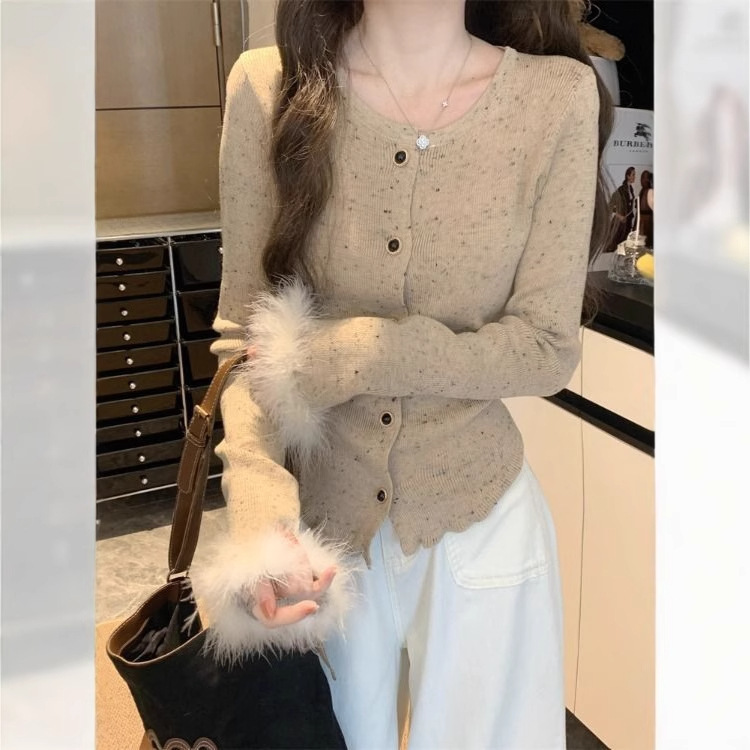 小香风毛绒绒拼接针织开衫女春季新款设计感修身内搭彩点百搭毛衣|undefined