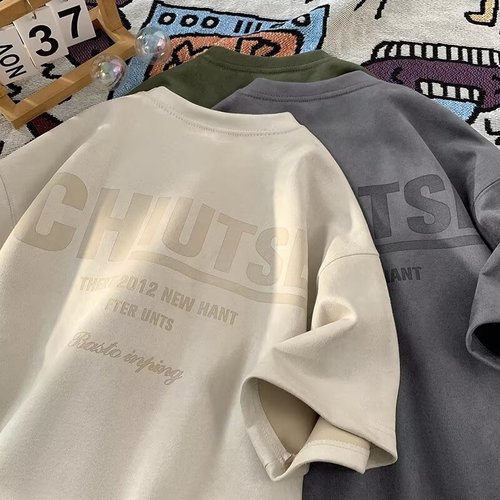 Premium-Style Short-Sleeve T-Shirt for Men, Trendy Brand, Summer American-Style High-Street Look, Loose Fit, Graffiti Design, Casual Top