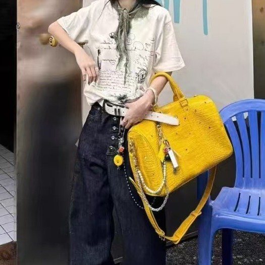Yellow Large-Capacity Satchel Travel Bag Niche High-End Imitation Crocodile Leather Texture Color Diamond Gemstone Crossbody Tote Bag