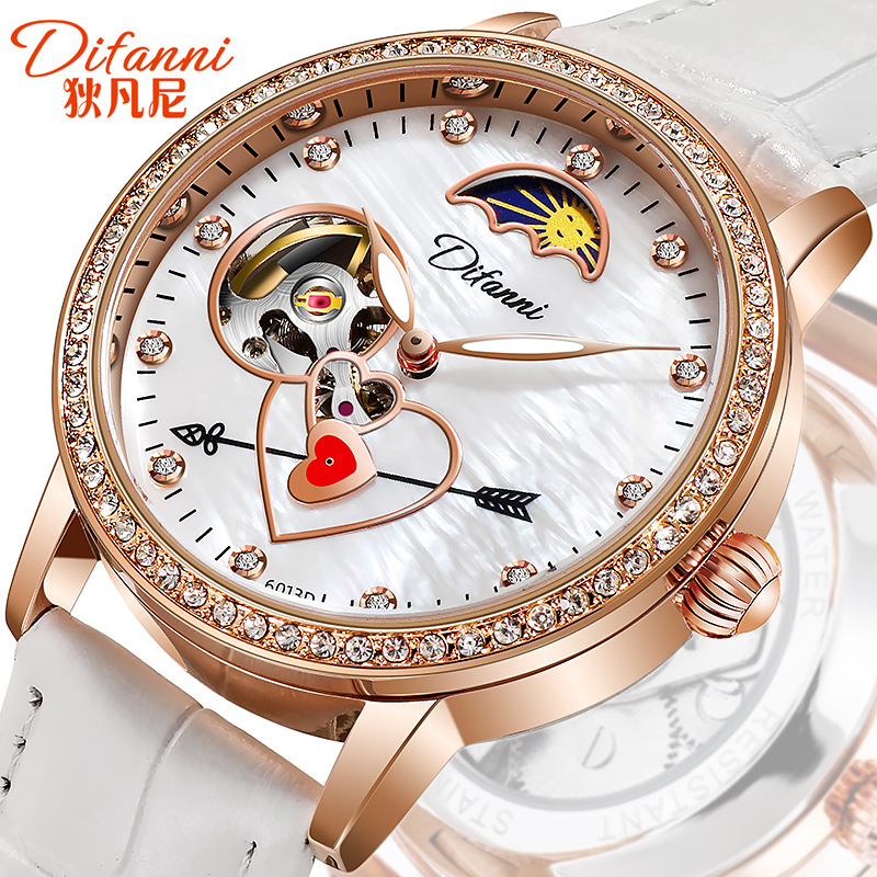 Durunwei Genuine Fashionable and Elegant Women's Mechanical Watch Heart-Shaped Cut Out Rhinestone Luminous Fully Automatic Mechanical Watch for Women