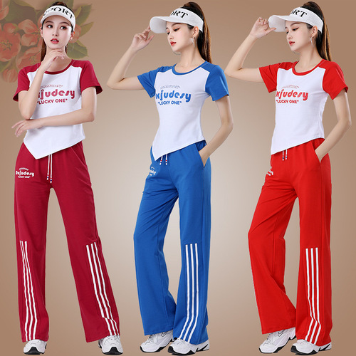  Square Dance Costume Team Performance Ghost Step Dance Summer Short Sleeve Long Pants Set Casual Sportswear Women's New Arrival