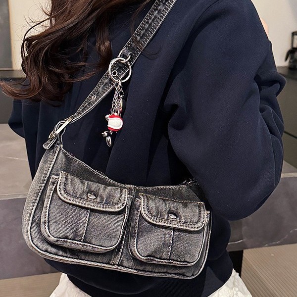 Zhongshishang Underarm Bag 2025 New Retro Distressed Denim Bag Small Hot Girl Baguette Bag Commuter Shoulder Bag - Thumbnail 2