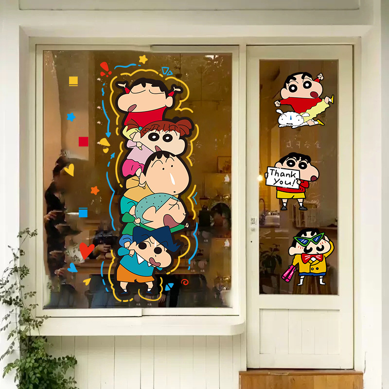 Ins Crayon Small New Decorative Glass Door Electrostatic Sticker Shop Scene Layout Atmosphere Cute Cartoon Sticker