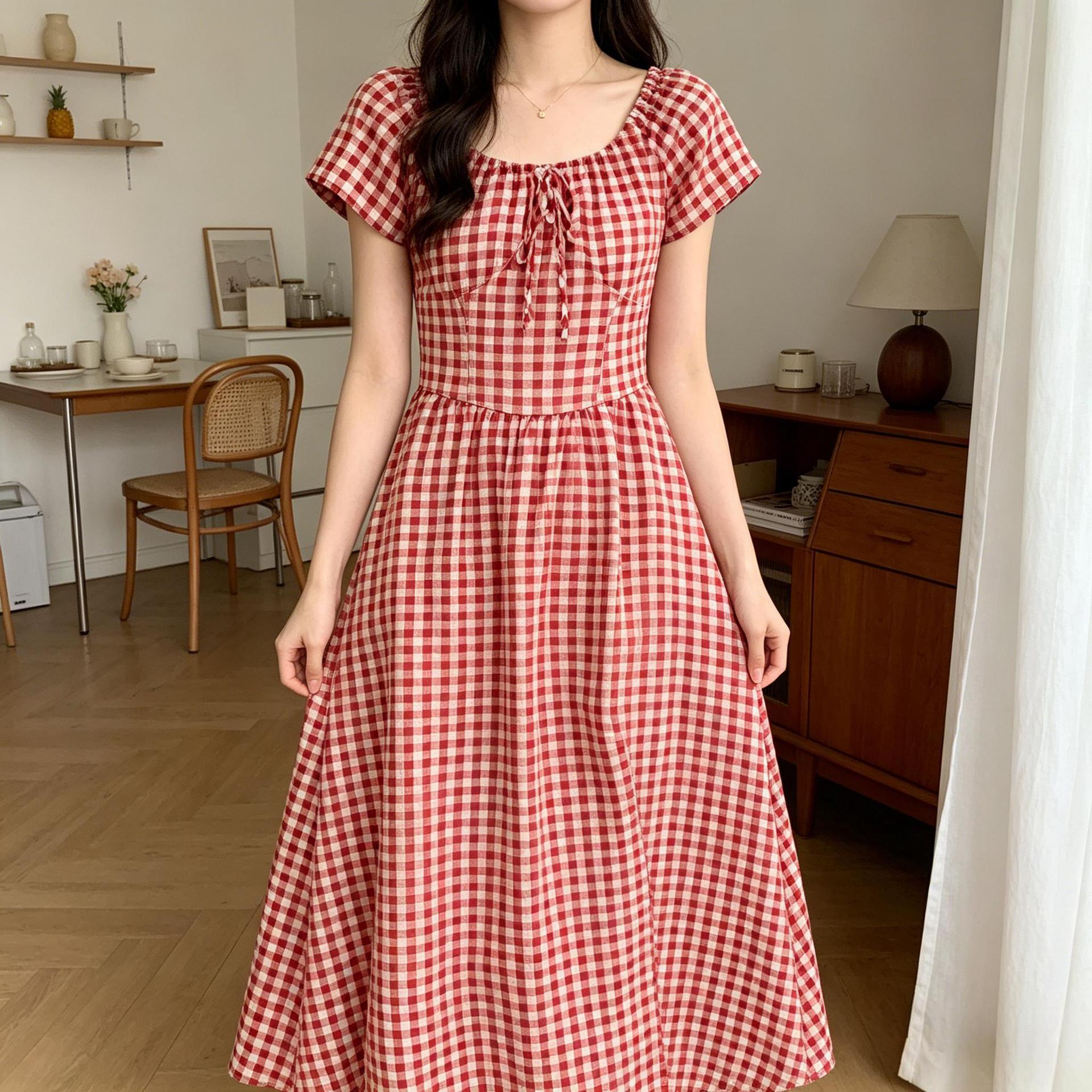 French-style Vintage Red Plaid For Women, New Summer Model, High-end, Waist-cinching, Slimming, Elegant, Resort-style_ecoleips.com