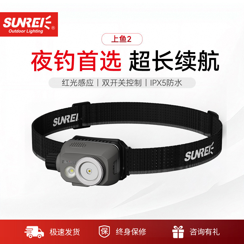 Shanlishi 2-Night Fishing Headlamp with Strong Light Sensor, Rechargeable Head-Mounted Outdoor Camping Fishing Lighting Lamp