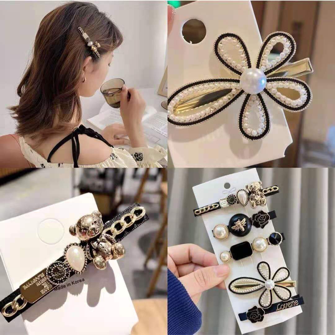 Internet-famous Scissor Feather Little Bear Pearl Autumn/Winter Golden Girl's Side Clip Hairpin, Straight Barrette, Duckbill Clip, Hair Accessories