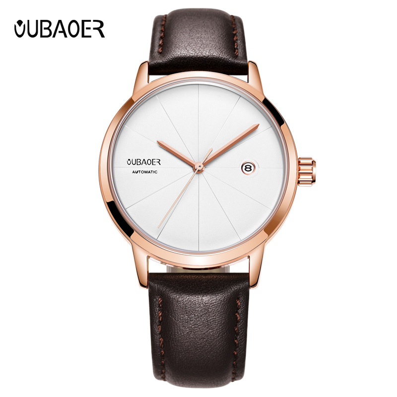 OUBAOER cross-border hot fashion Simple Men's watch leather waterproof automatic mechanical watch wholesale