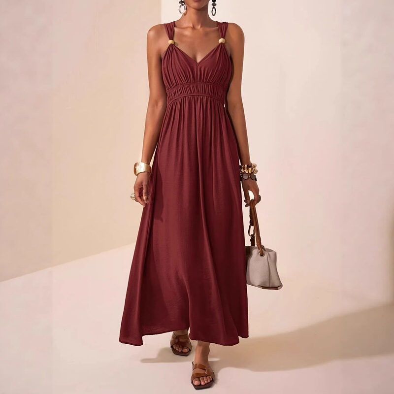 European and American Style Beaded Embellished Dress, New Summer Style Sexy V-Neck High-Waisted Slimming and Elegant Suspender Dress for Women