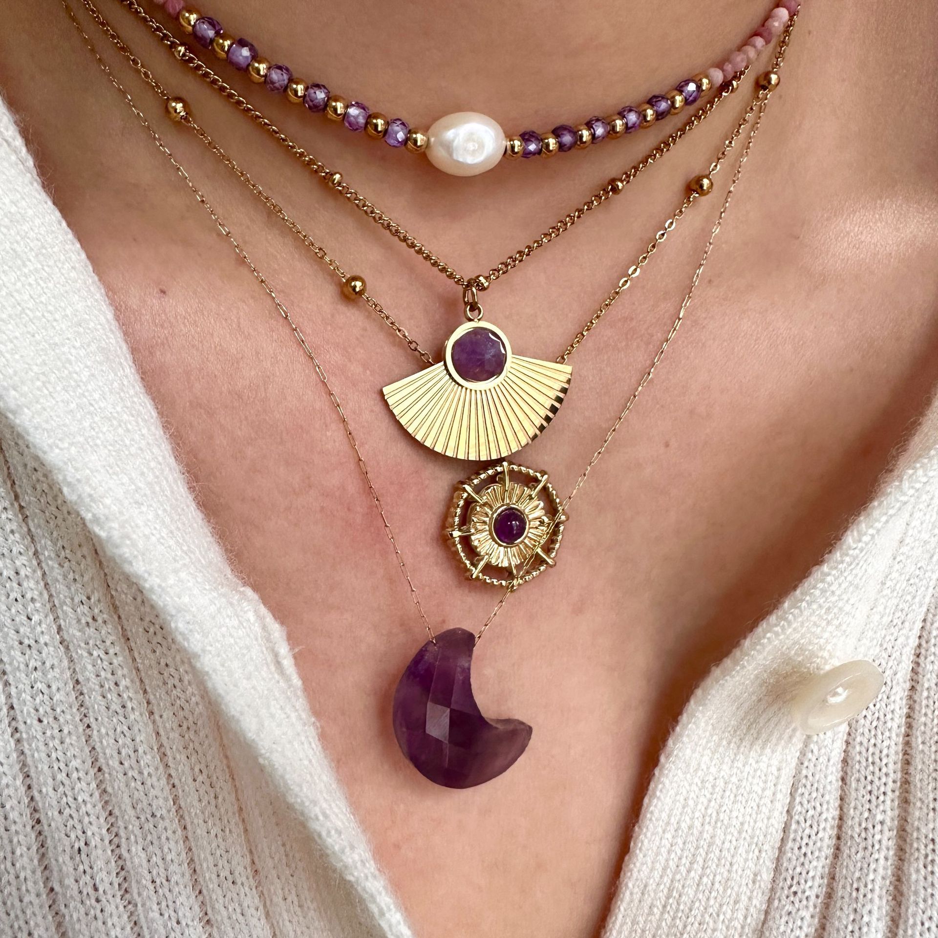 14K Gold Plated Plating Material Simple Style Moon Natural Stone Titanium Steel 14K Gold Plated Necklace In Bulk