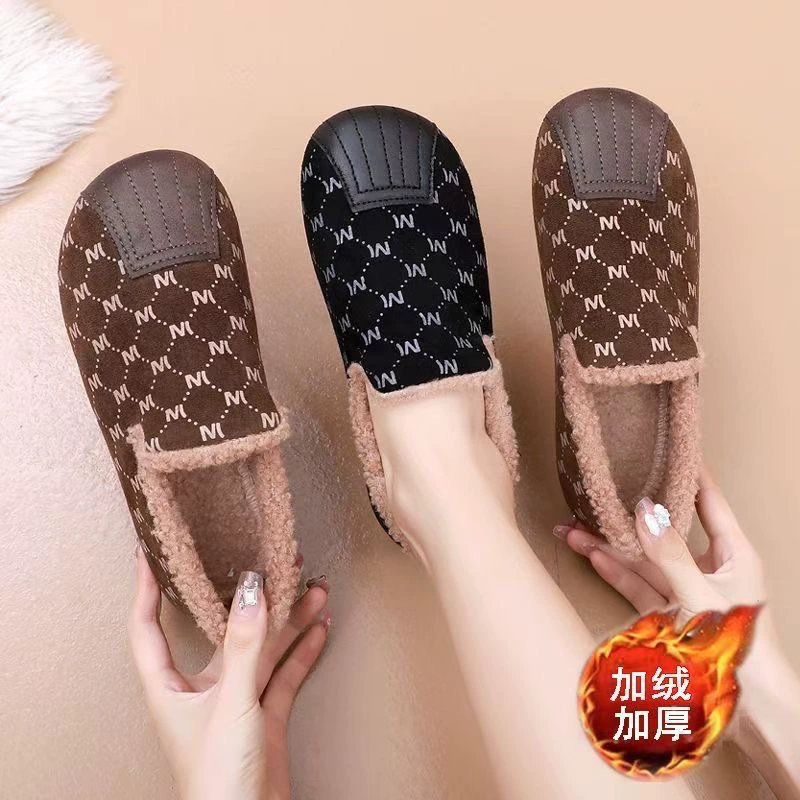Одна часть пушистых и толстых бобовых ботинок для женщин одна педаль ленивая домашняя обувь теплая плоская шерстяная хлопчатобумажная обувь