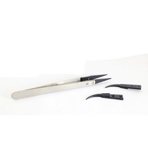 JM-T10-11 stainless steel anti-static tweezers, replaceable tips, with fiber straight tip and two pairs of bent tips