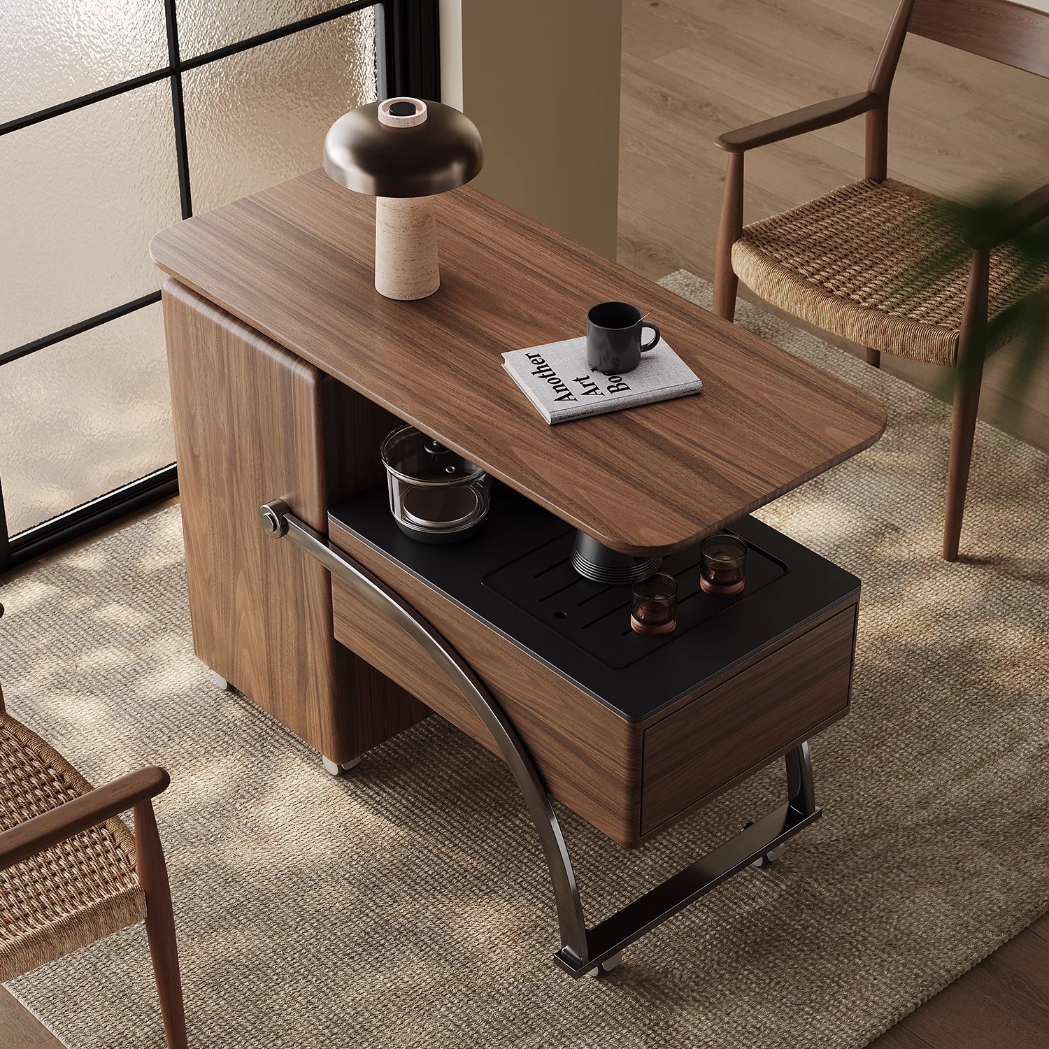 Mesa de té con balcón, kung fu doméstico pequeño, nuez, mesa de té móvil simple moderna, nuevo carro de té giratorio de madera maciza