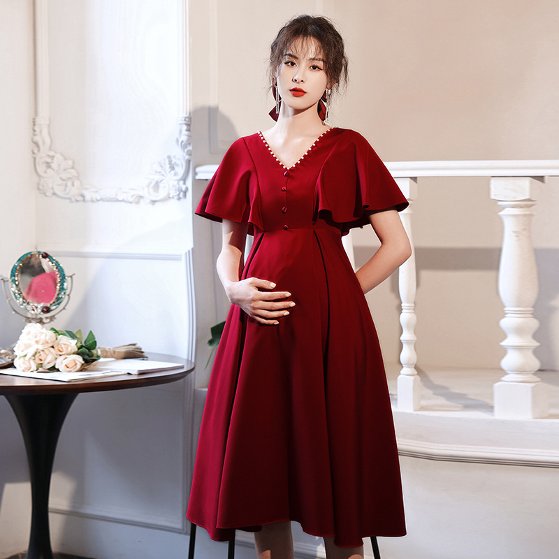 Plus-Size Toast Dress to Cover Belly, Bride's Wedding Dress, High-Waisted Dress for Chubby Women, Homecoming Engagement Dress, Deep V-Neck, Burgundy